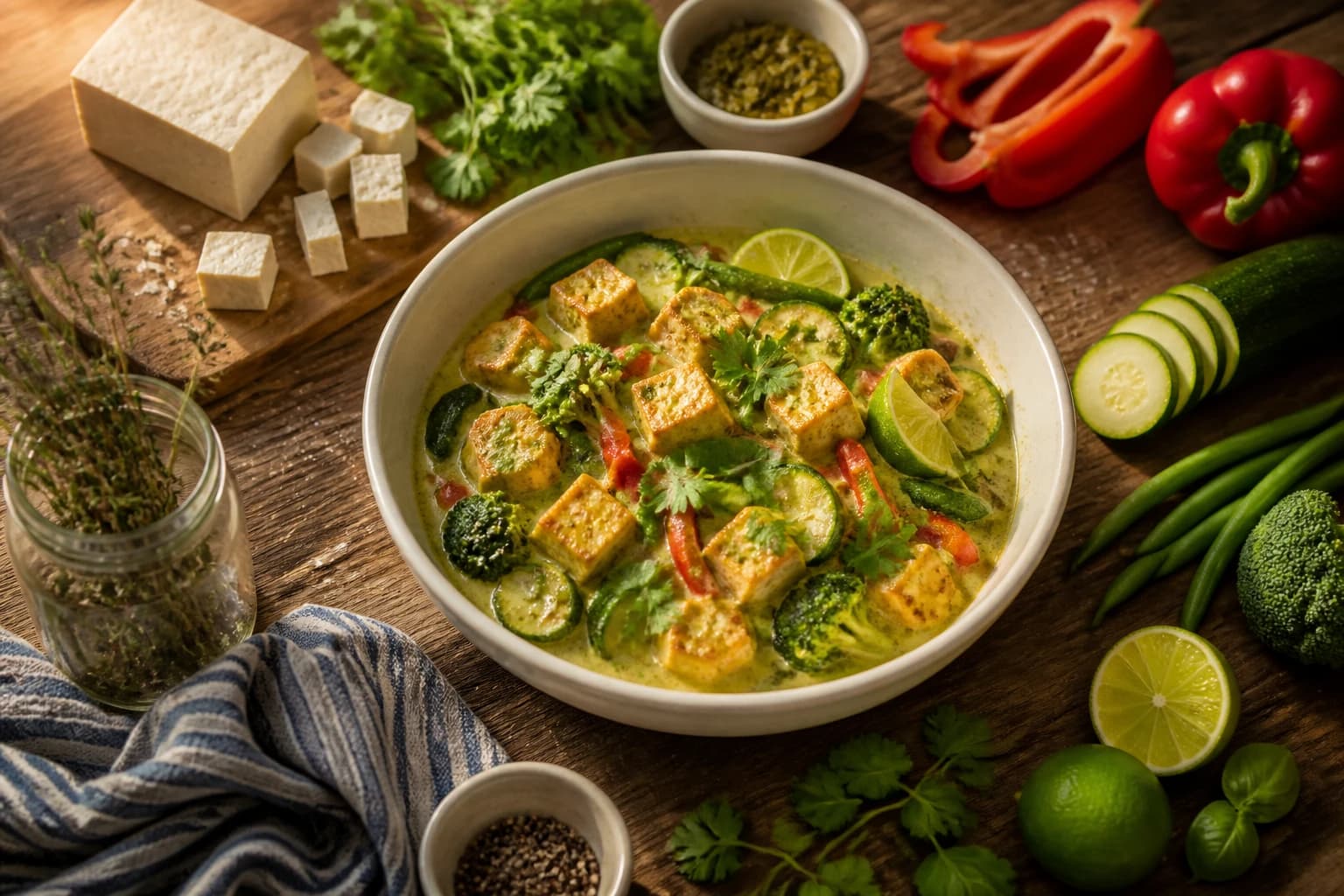 Curry thaï vert au tofu et légumes croquants servi dans un bol crème avec coriandre fraîche