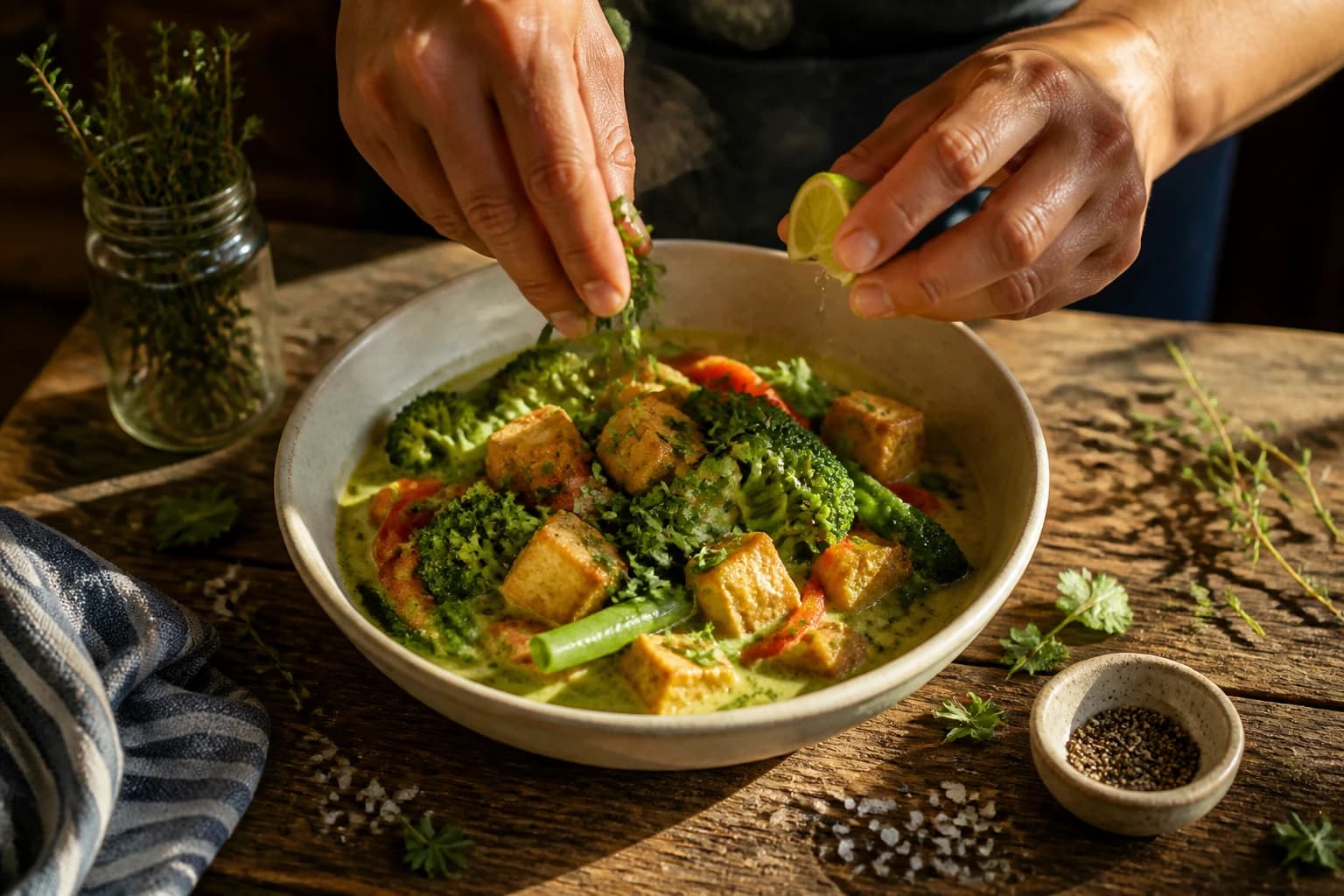 Etape 4 : Assembler et parfumer — Curry thaï vert tofu : crémeux et léger