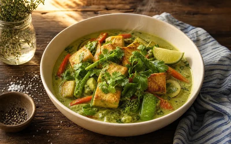 Curry thaï vert au tofu doré et légumes croquants dans un bol crème, coriandre fraîche et citron vert