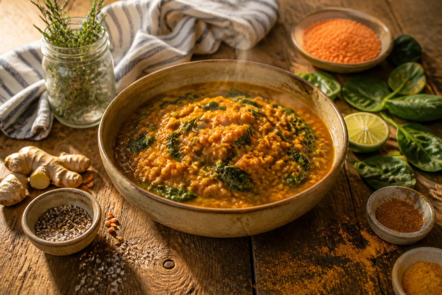 Dahl indien crémeux aux épinards et lait de coco léger entouré de ses ingrédients, lentilles corail, épices et citron vert