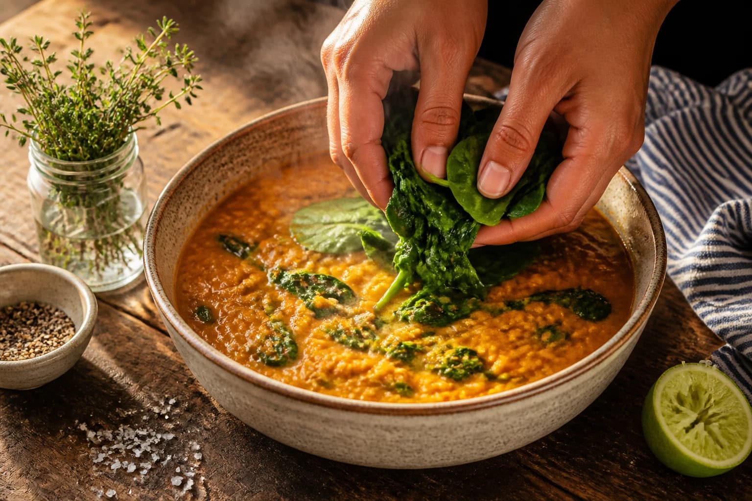 Etape 3 : Incorporer les épinards et le citron vert — Dahl indien épinards coco, crémeux et léger