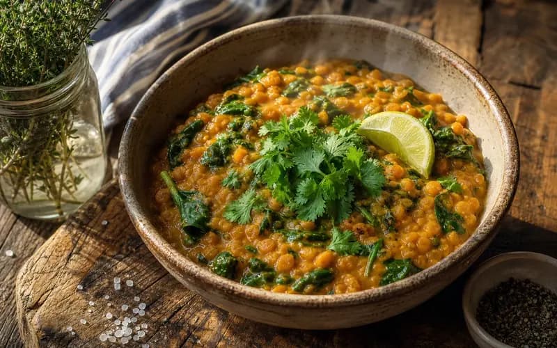 Dahl indien crémeux aux épinards et lait de coco léger, parsemé de coriandre fraîche, servi dans un bol rustique