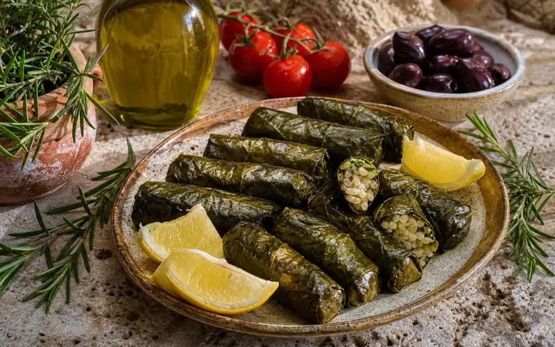 Dolmades feuilles de vigne farcies au riz et herbes, roulés grecs traditionnels
