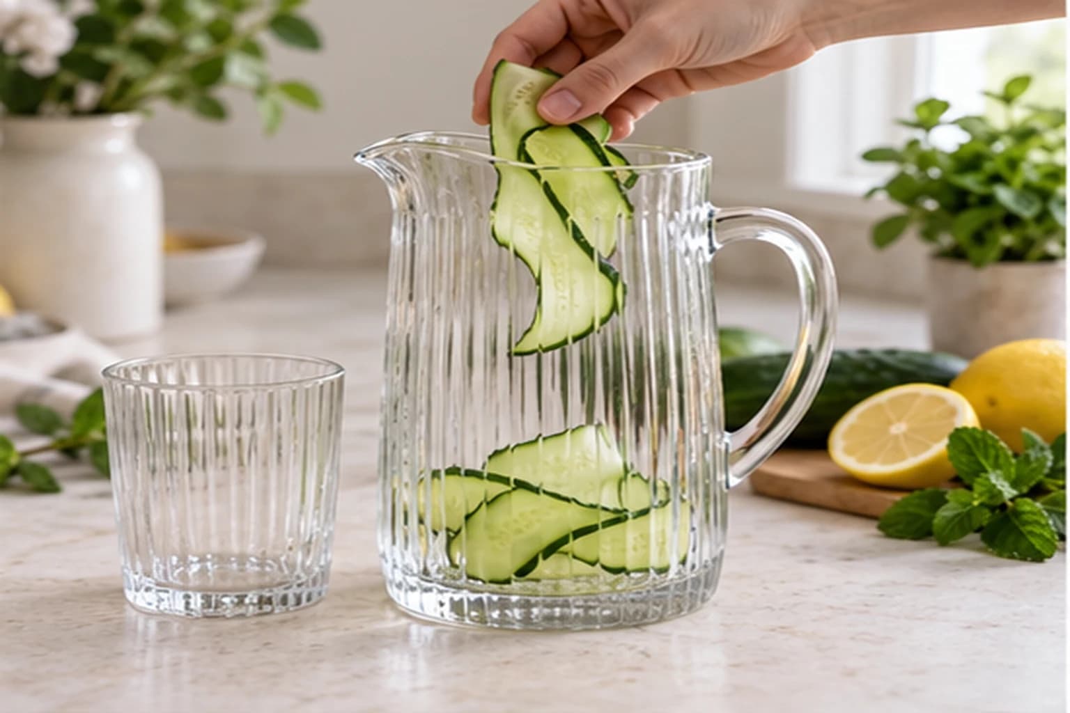 Carafe d'eau infusée avec concombre, citron jaune et menthe sur un plan de travail