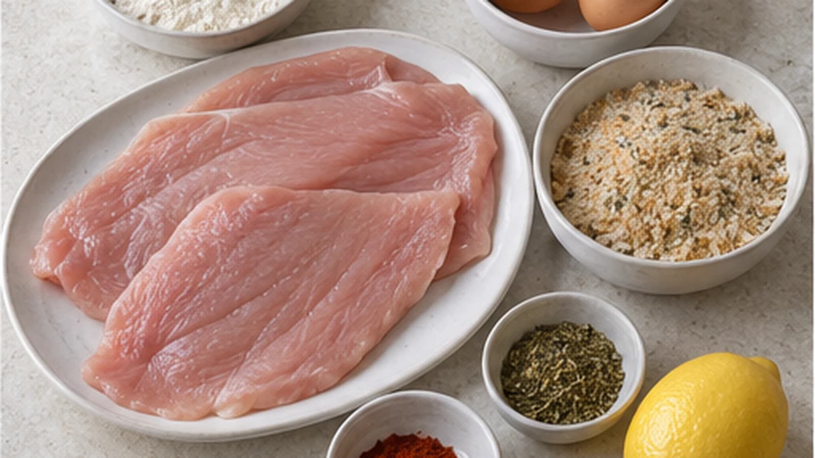 Ingrédients de la panure disposés autour d'une escalope de dinde dorée