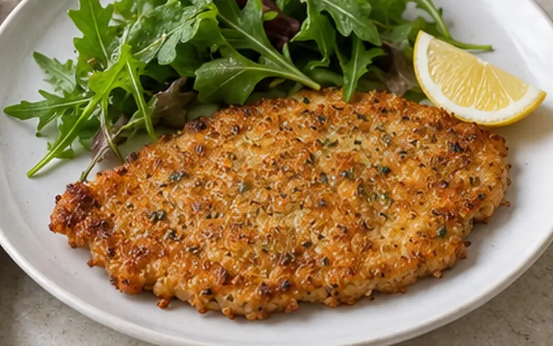 Escalope de dinde panée dorée au four avec salade croquante et quartier de citron
