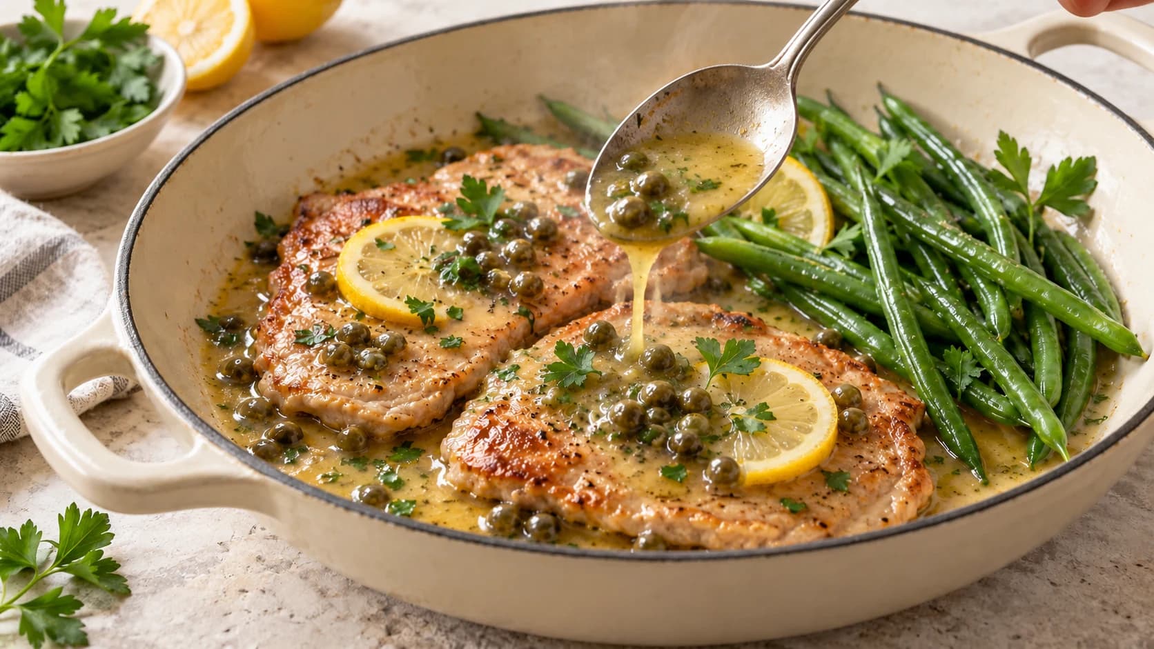 Cuillère arrosant une escalope de veau dorée avec une sauce légère au citron et aux câpres