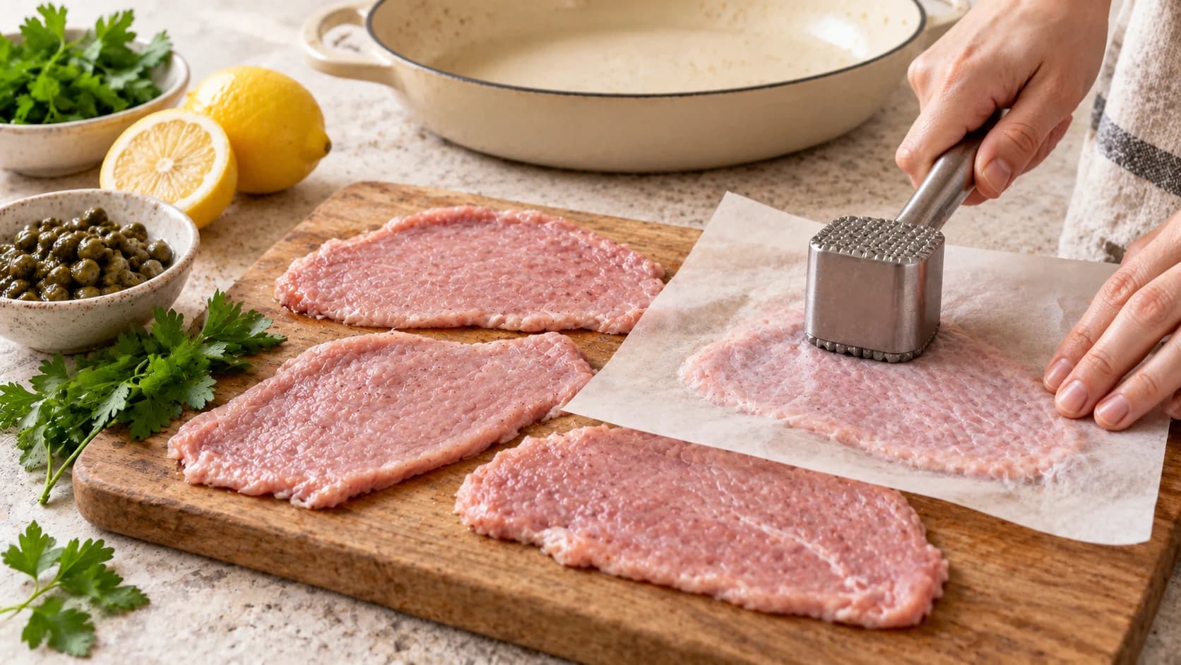 Etape 1 : Aplatir et préparer les escalopes — Escalope de veau citron câpres légère