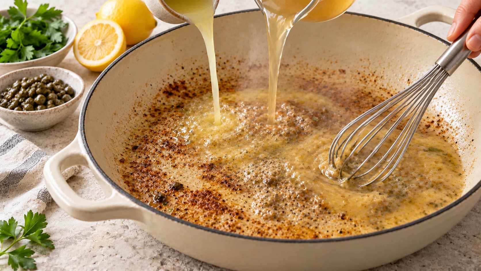 Etape 3 : Réduire la sauce citron câpres — Escalope de veau citron câpres légère