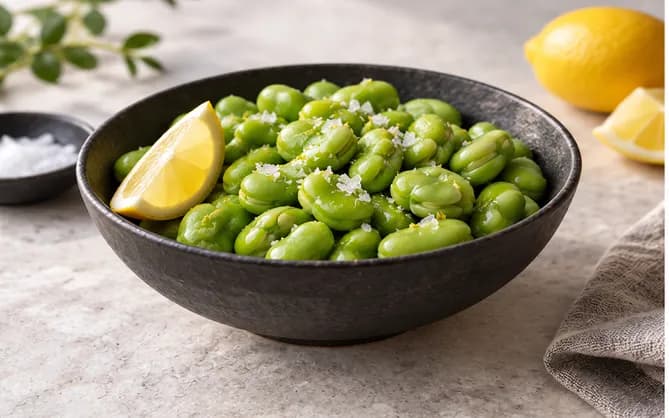 Fèves pelées vapeur avec fleur de sel et quartiers de citron dans un bol noir