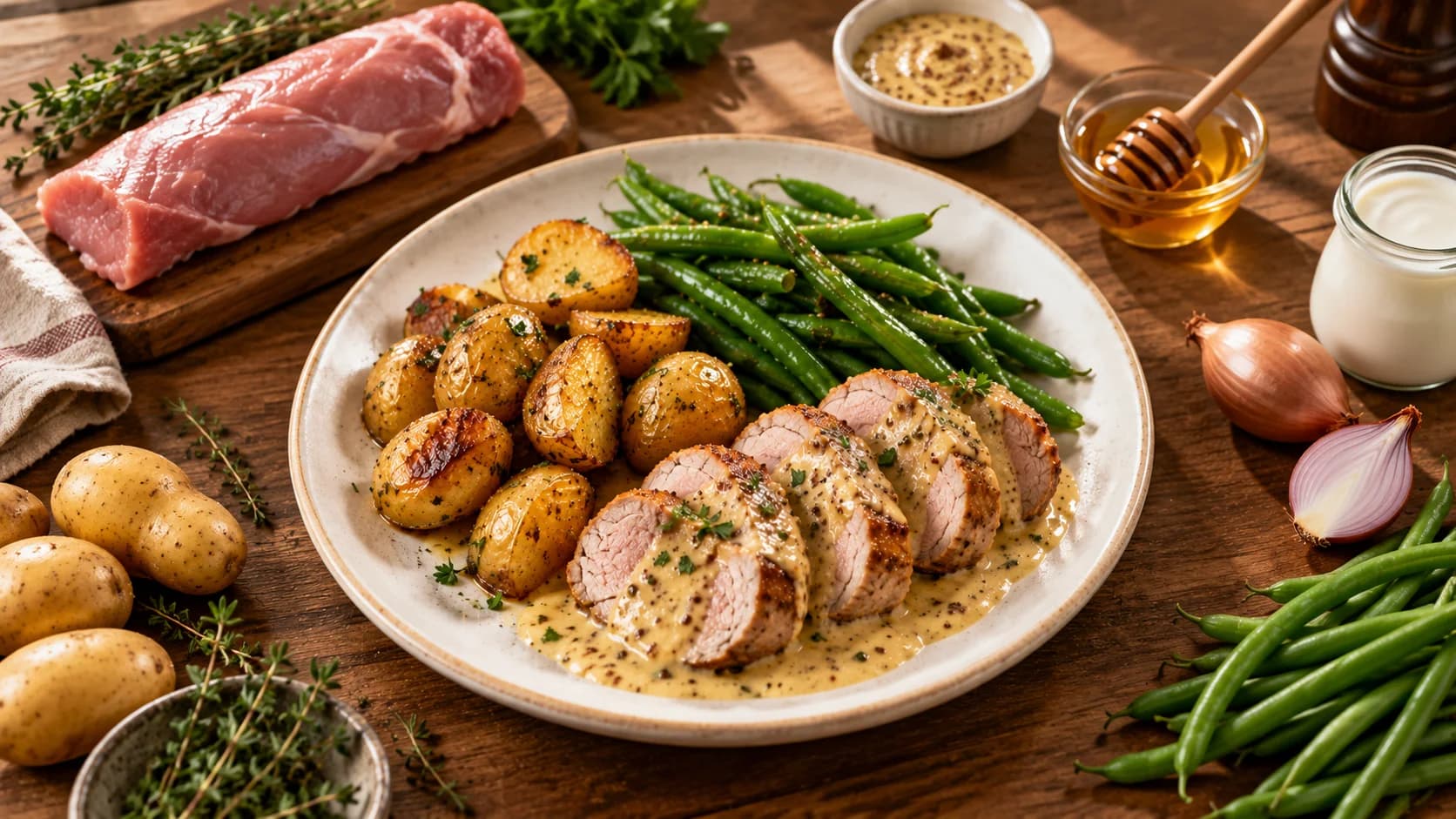 Cuillère nappant des médaillons de filet mignon avec une sauce moutarde miel légère