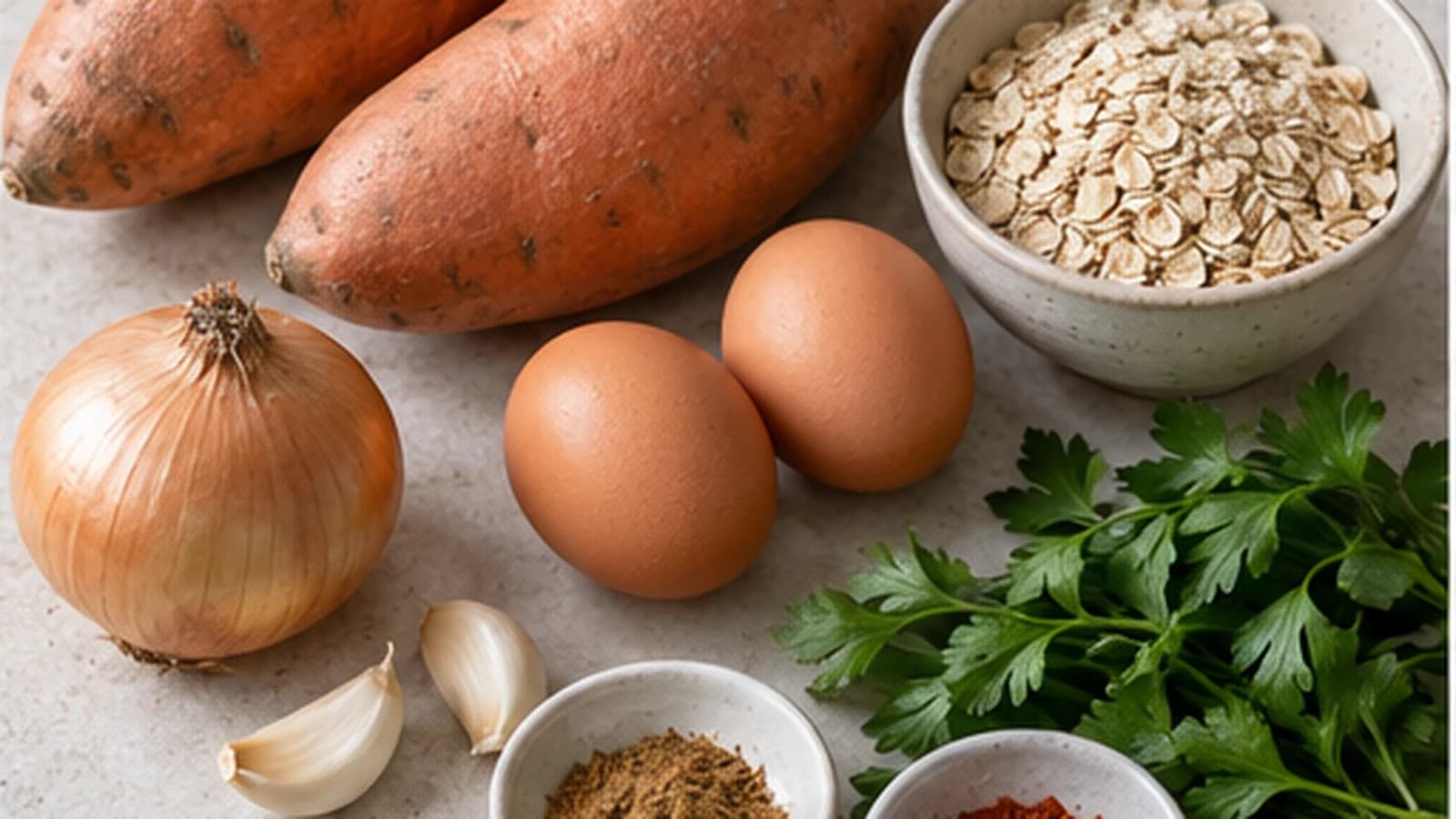 Patates douces, avoine, œufs et épices autour de galettes dorées
