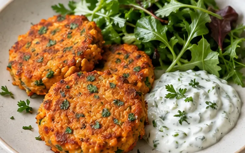 Galettes de patate douce dorées au four avec sauce au yaourt et salade verte