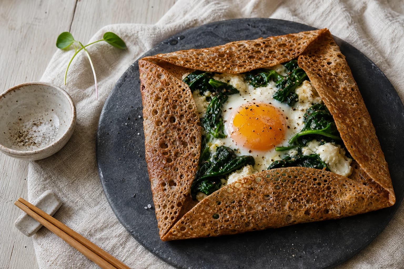 Galette de sarrasin oeuf épinards chèvre