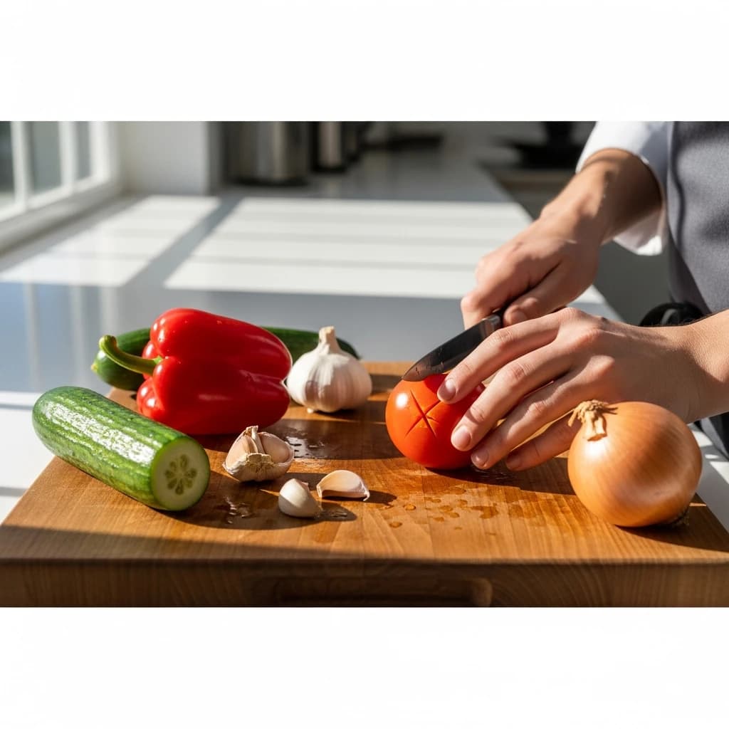 Etape 1 : Préparer les légumes — Gazpacho maison (110 kcal, 15 min)