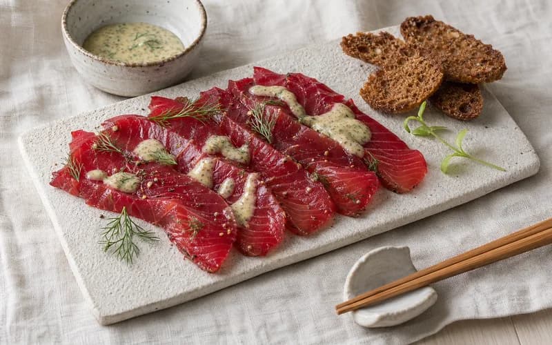 Tranches fines de gravlax saumon betterave bordeaux posées sur ardoise, parsemées d'aneth frais