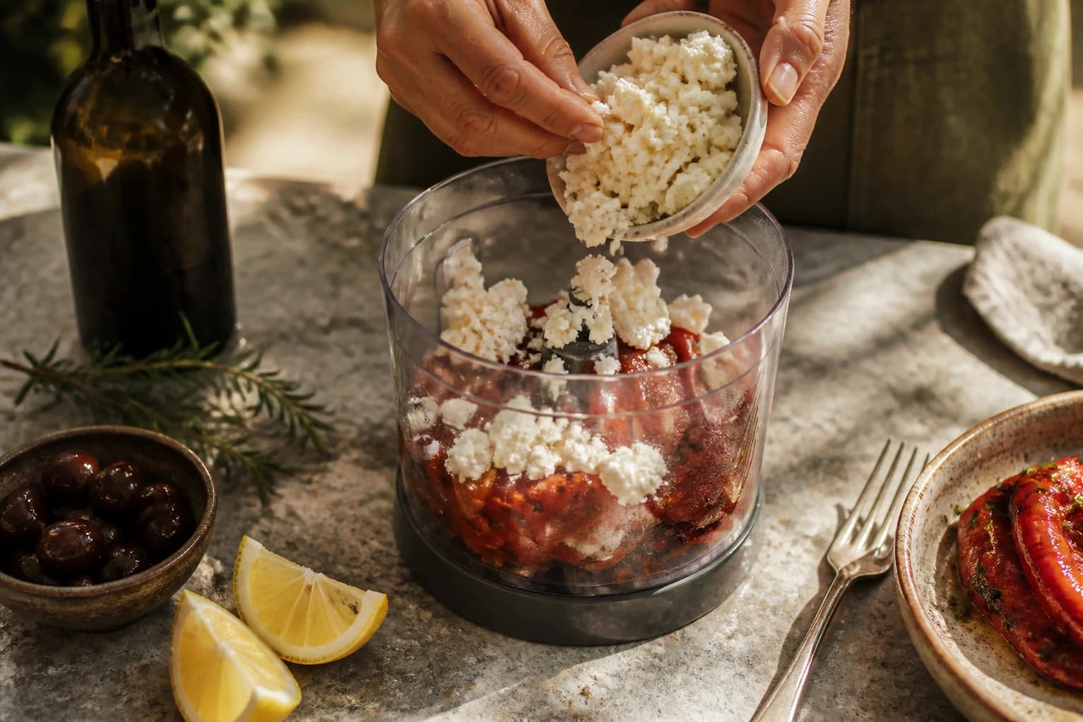 Etape 2 : Émietter la feta — Htipiti : la feta fouettée au poivron grillé et piment