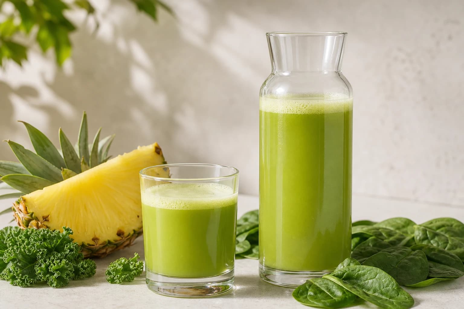 Jus ananas kale épinards vert clair servi dans une carafe et quatre verres