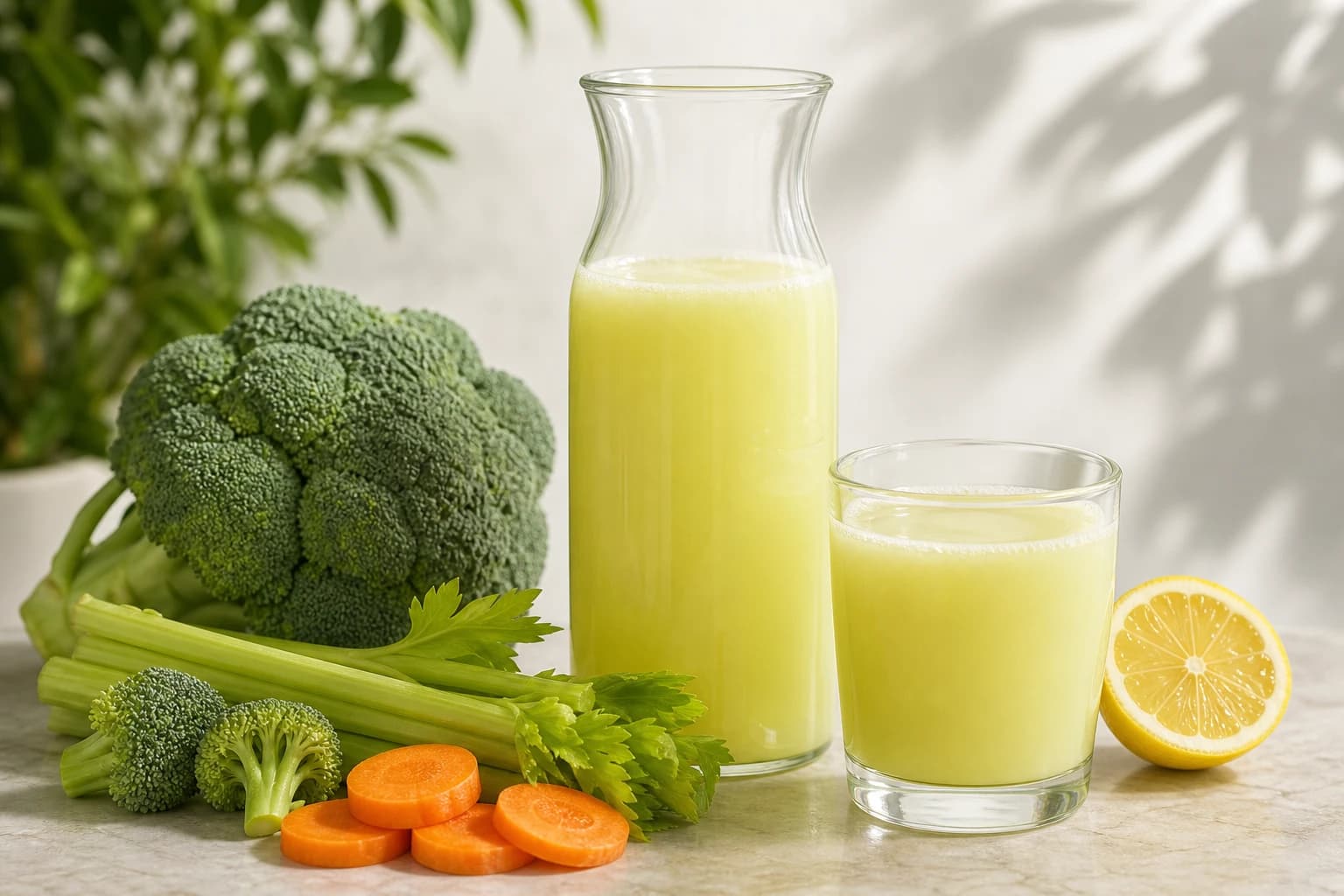 Jus brocoli orange céleri citron vert tendre servi dans une carafe et quatre verres