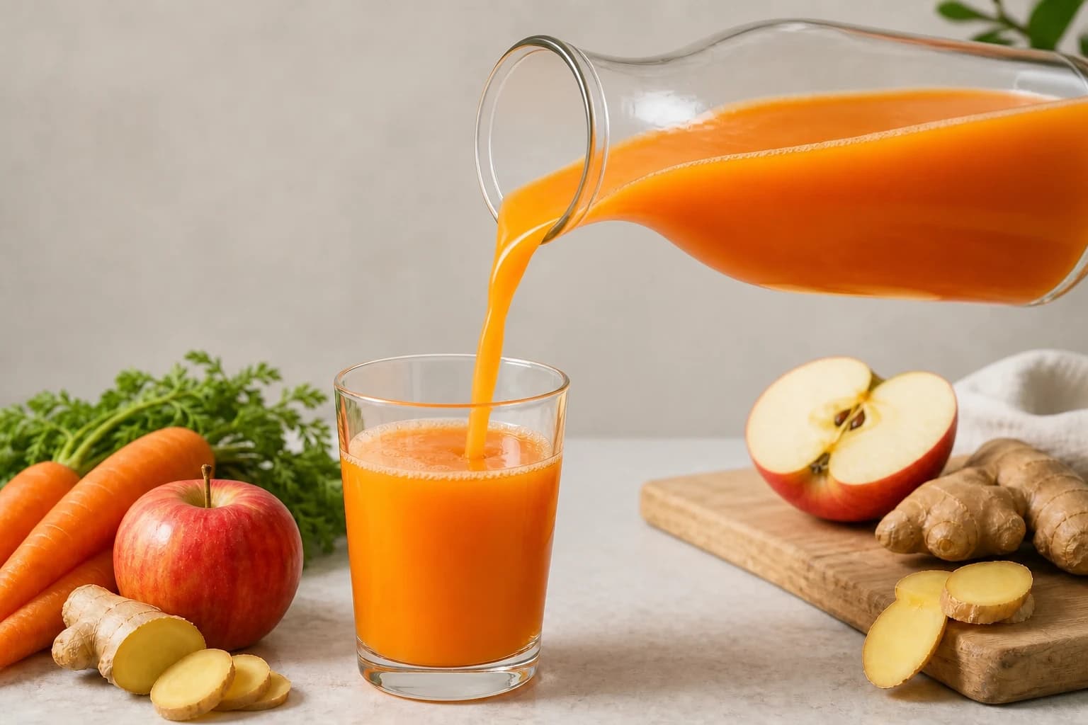 Jus carotte pomme gingembre versé dans un verre, couleur orange homogène