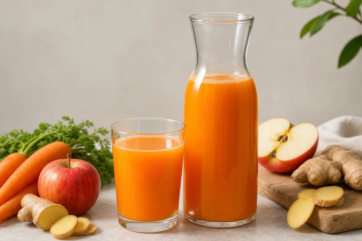 Jus carotte pomme gingembre orange vif servi dans quatre verres avec pommes, carottes et racine fraîche
