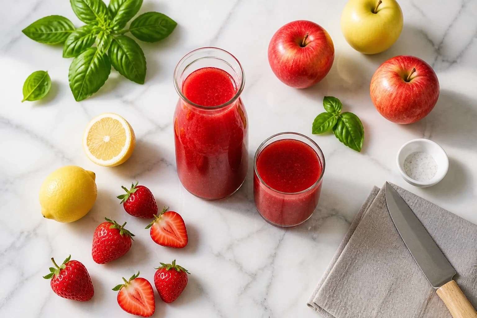 Préparation du jus fraise pomme citron au blender avec passoire et fruits frais