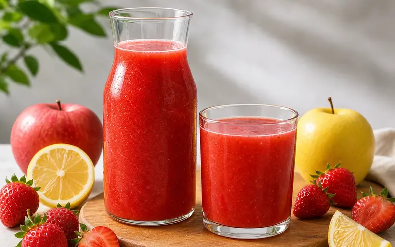 Jus fraise pomme citron rouge vif servi frais avec fraises, pommes et quartiers de citron jaune