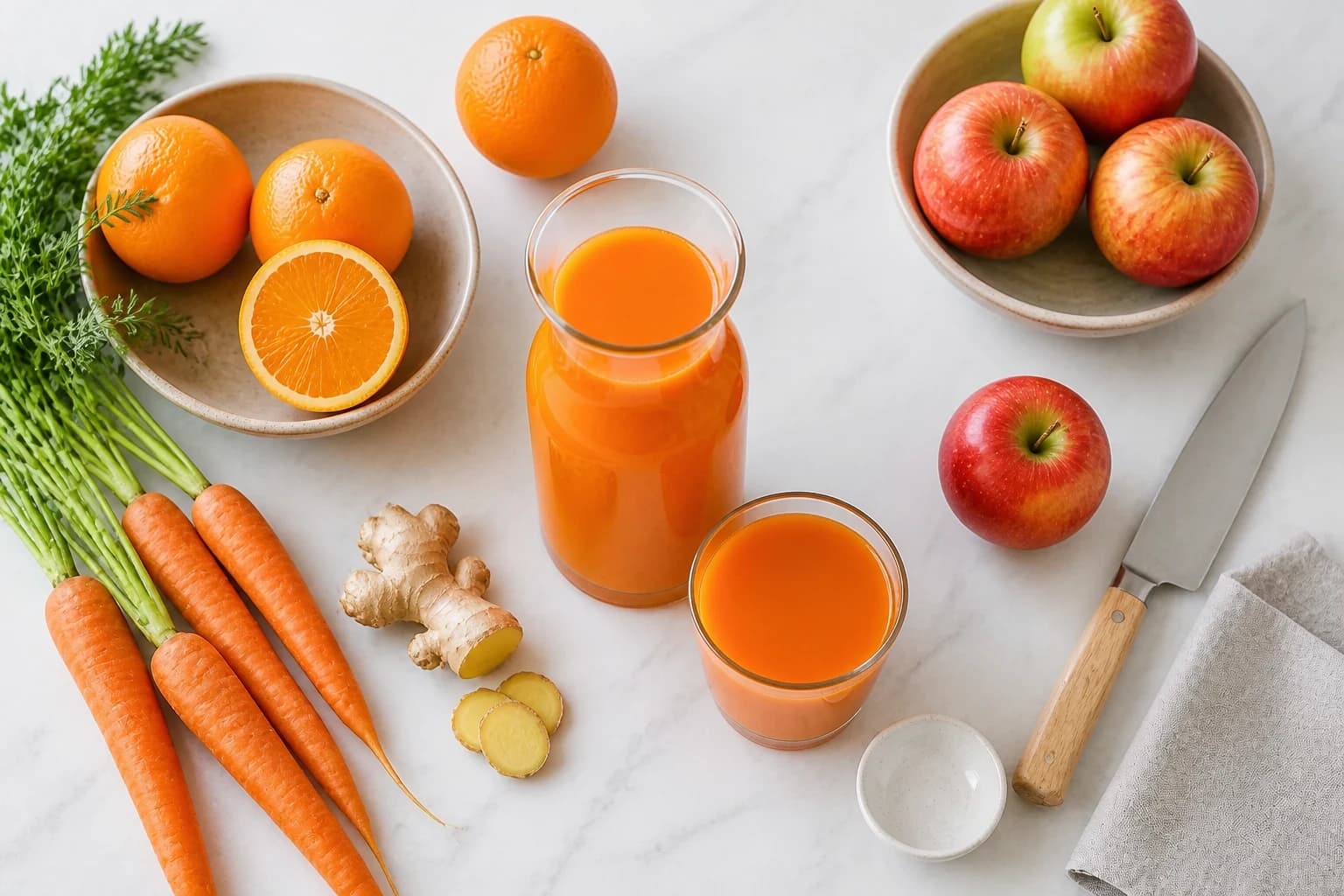 Préparation du jus orange carotte pomme au blender avec fruits découpés et passoire