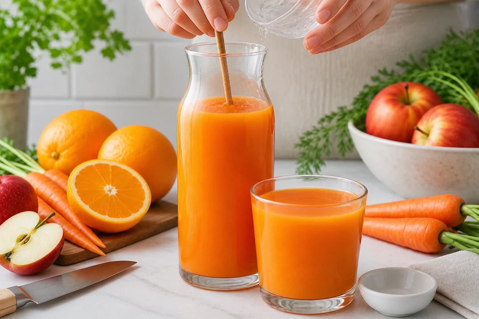 Etape 4 : Mélanger et servir aussitôt — Jus orange carotte pomme : 3 réglages