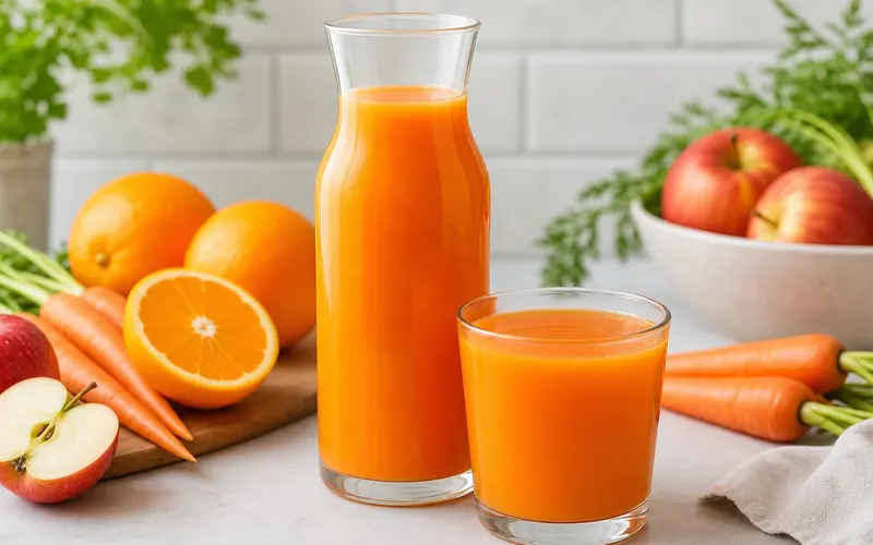 Jus orange carotte pomme servi dans quatre verres avec agrumes, pommes et carottes fraîches