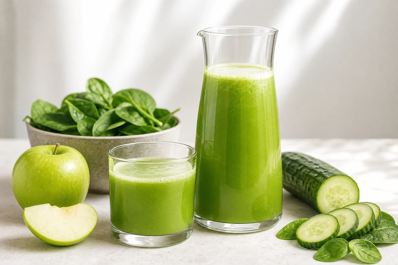 Jus pomme concombre épinards vert clair servi dans une carafe et quatre verres
