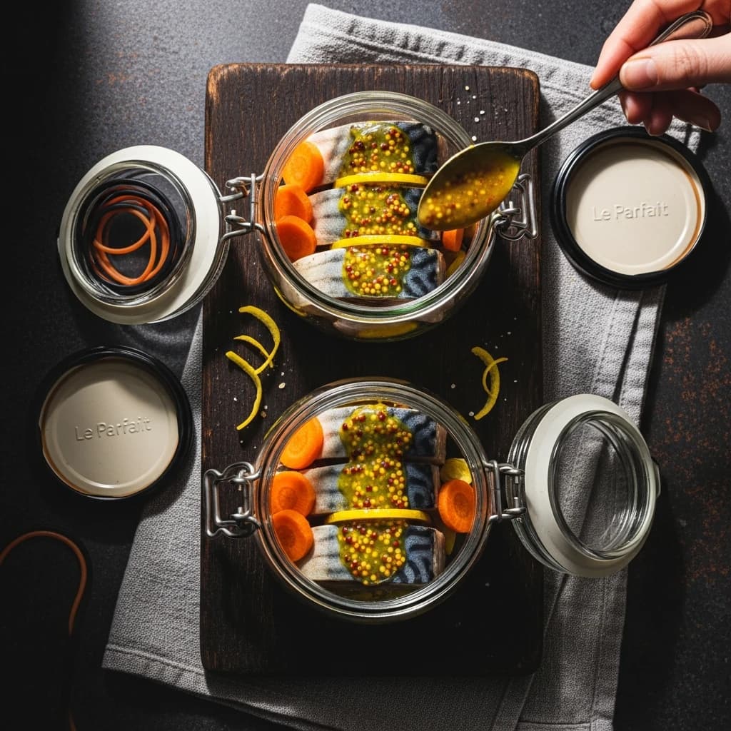 Etape 4 : Remplir les bocaux Le Parfait — Maquereaux à la Moutarde en Bocal (255 kcal, 120 min)