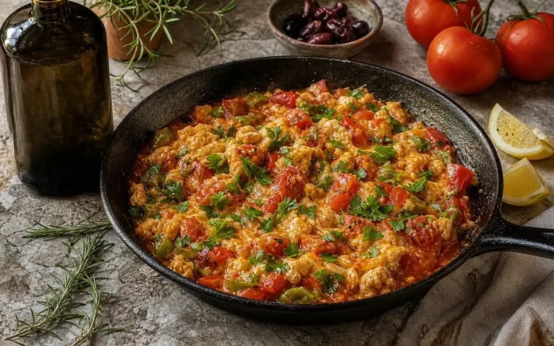 Menemen turc dans une poêle en fonte, oeufs brouillés aux tomates rouges et poivrons verts, parsemé de persil frais