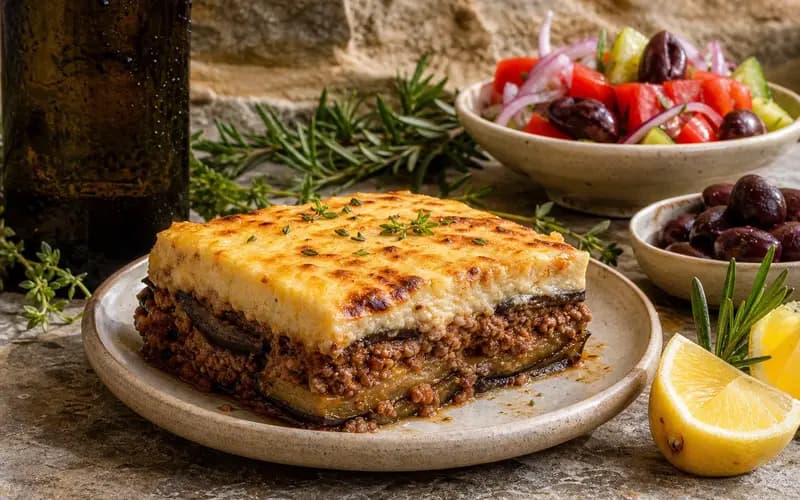 Moussaka grecque allégée, gratin d'aubergines et de viande hachée avec béchamel dorée