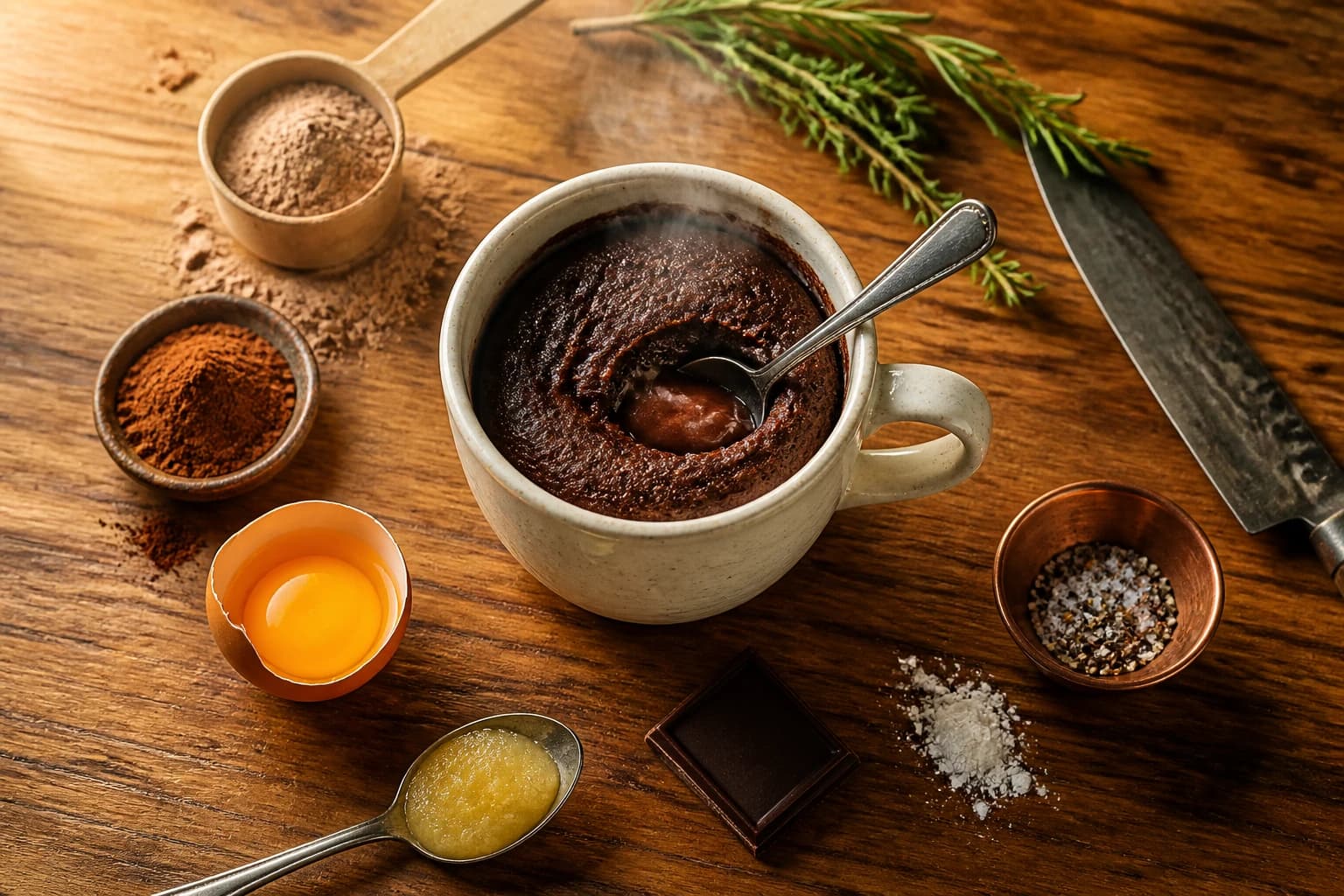 Mug cake au chocolat protéiné sans sucre, cœur fondant, entouré de cacao, whey et compote sur un plan de travail en noyer