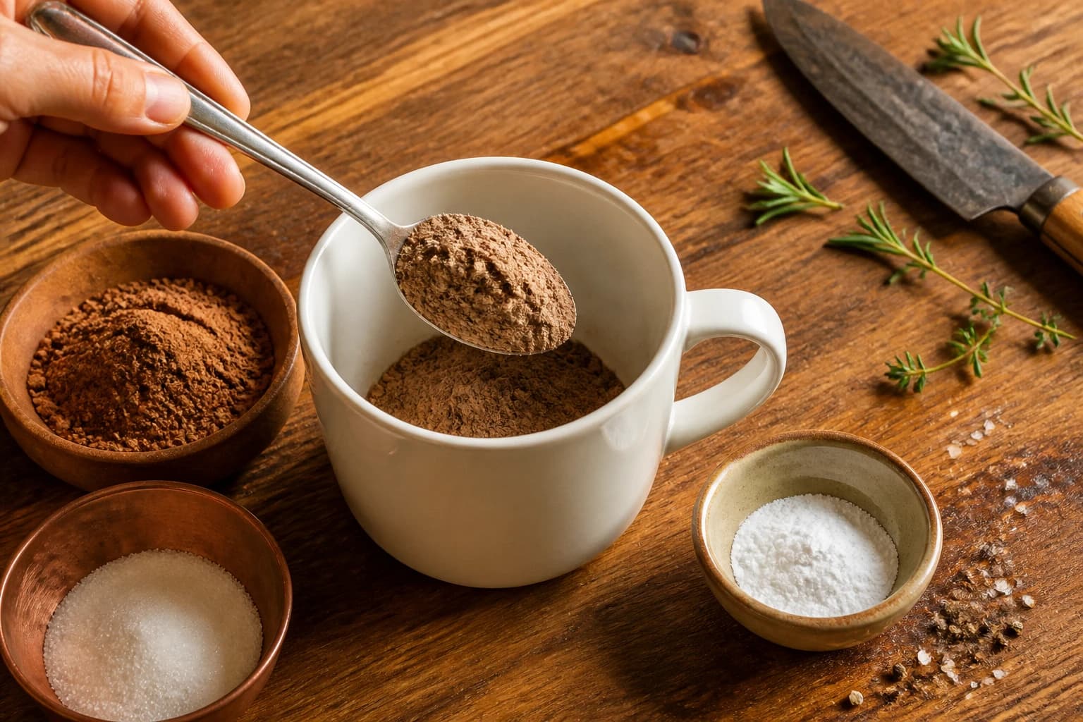 Etape 1 : Doser les poudres dans le mug — Mug cake chocolat protéiné sans sucre, ultra fondant