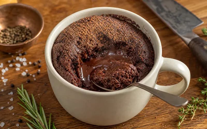Mug cake au chocolat protéiné sans sucre, mie sombre et cœur fondant, dans un mug en céramique crème