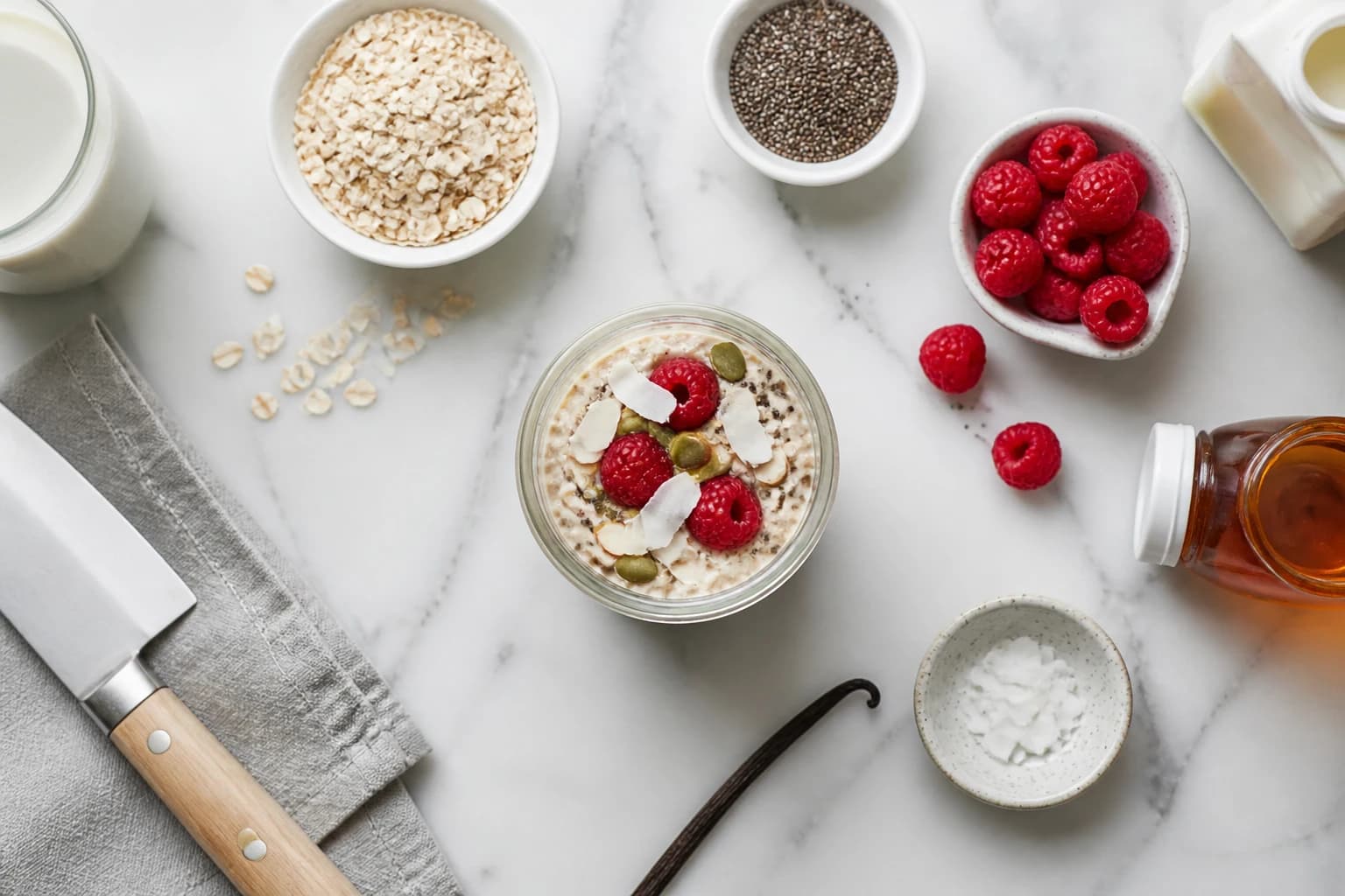 Bocaux overnight oats avec framboises fraîches et graines de chia sur fond de marbre blanc
