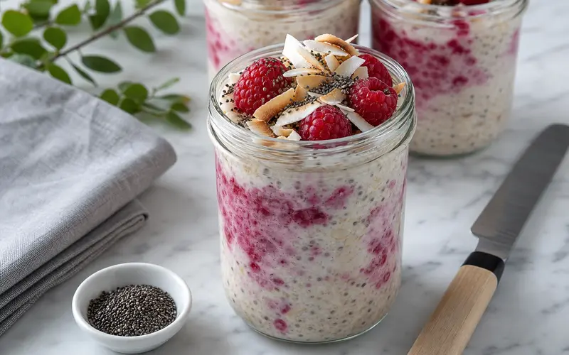 Overnight oats framboise : 11g de fibres sans cuisson, prêt la veille