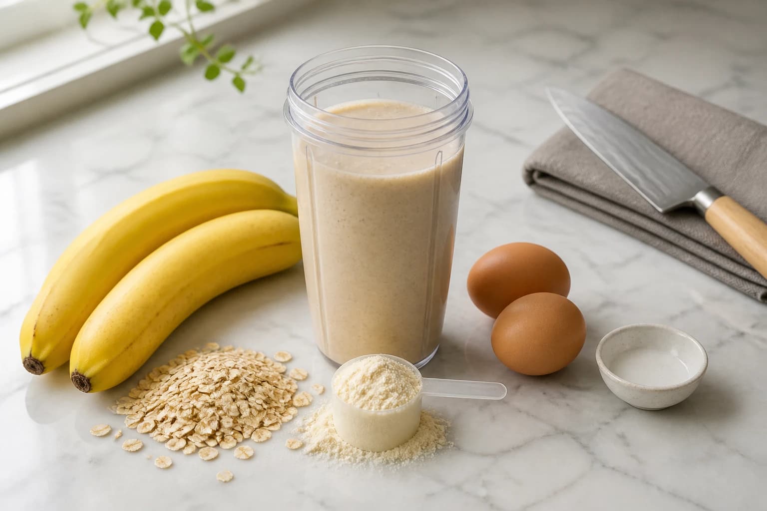 Etape 1 : Mixer tous les ingrédients au blender — Pancakes protéinés banane : 2 min au blender
