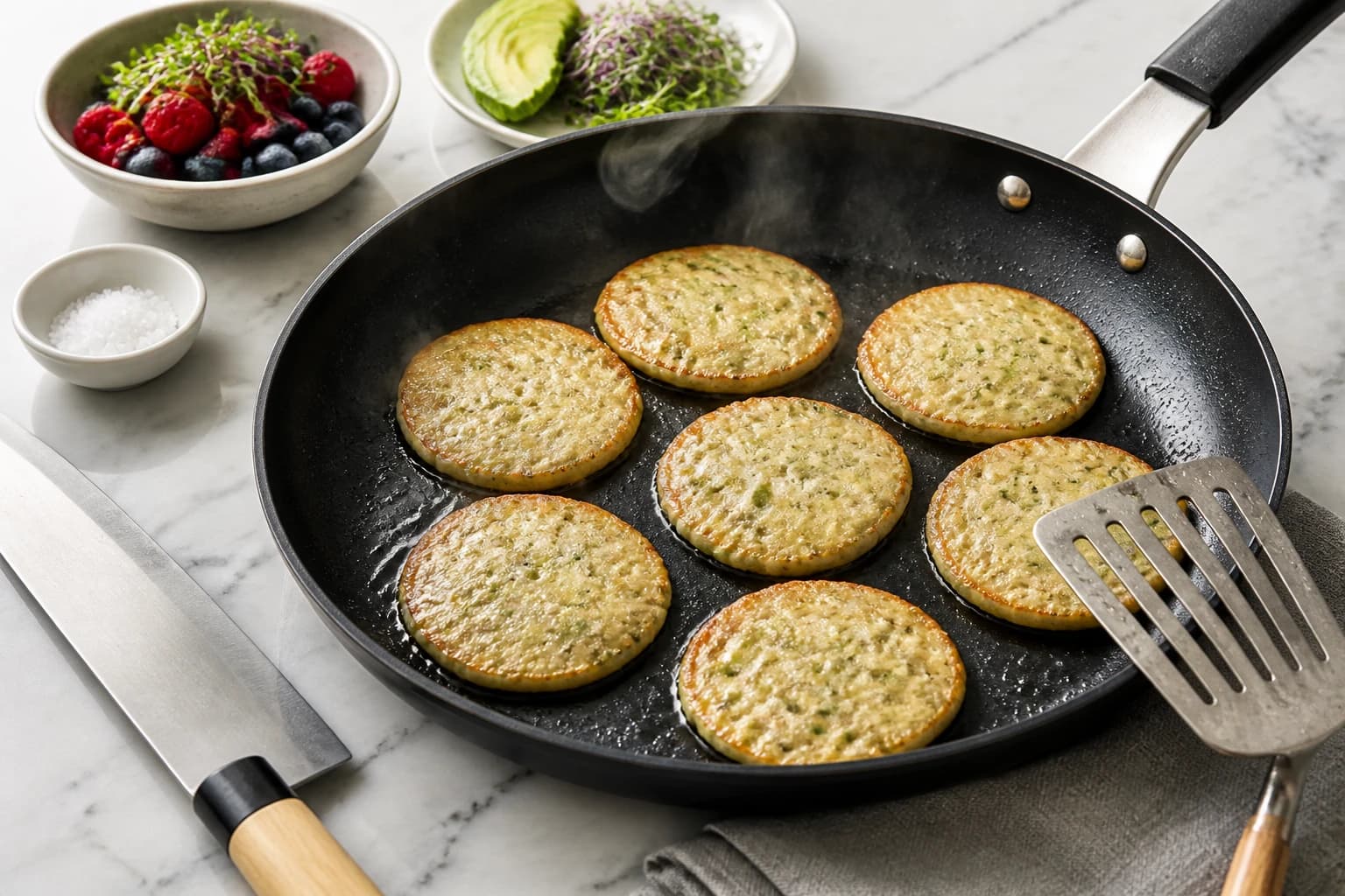 Etape 3 : Cuire à la poêle antiadhésive — Pancakes protéinés banane : 2 min au blender