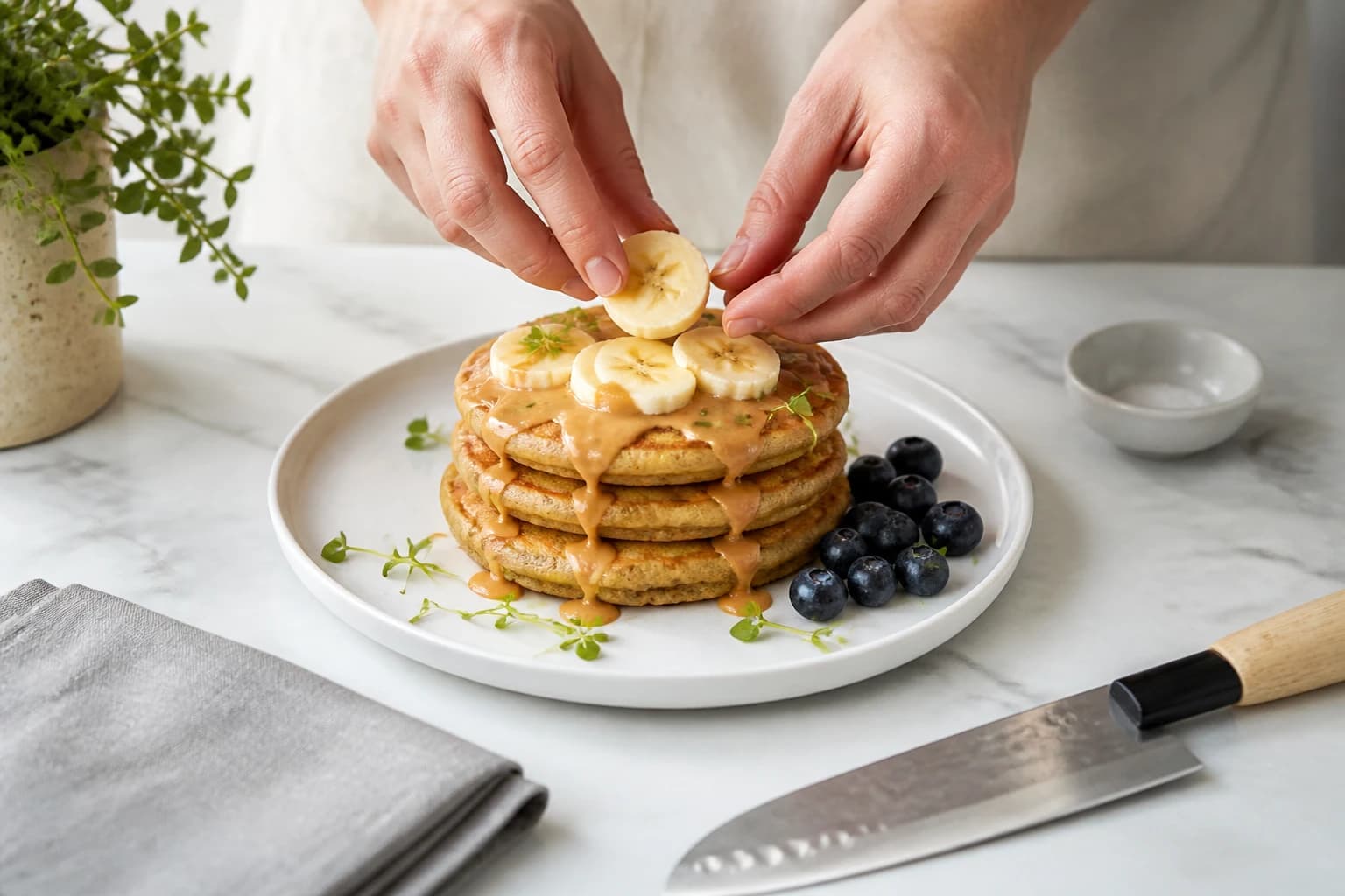 Etape 4 : Dresser et garnir selon vos envies — Pancakes protéinés banane : 2 min au blender