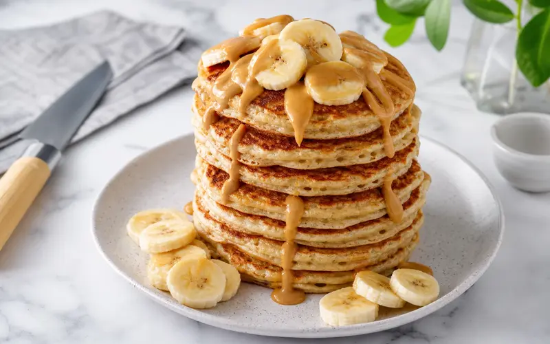 Pancakes protéinés banane et whey dorés dans une poêle antiadhésive, vue de dessus avec tranches de banane