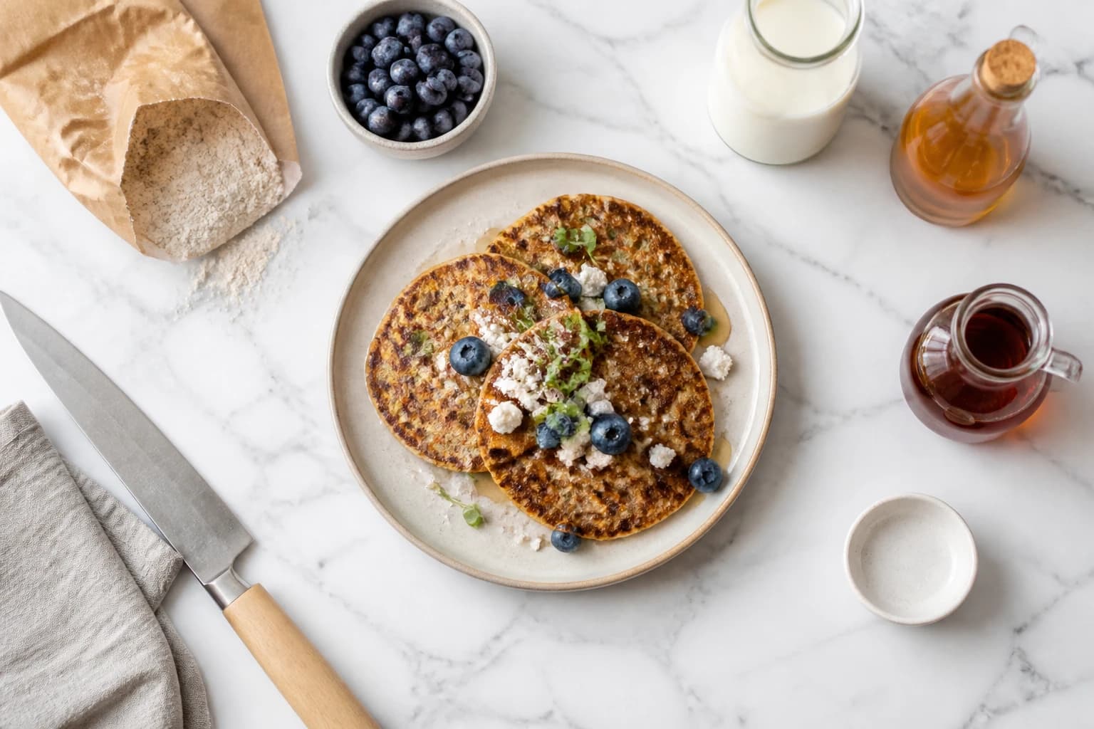 Pancakes sarrasin vegan avec myrtilles fraîches et sirop d'érable sur assiette en céramique