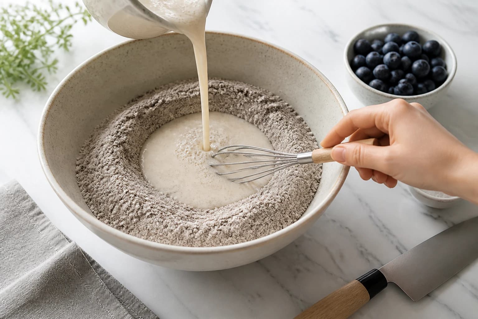 Etape 2 : Assembler la pâte au sarrasin — Pancakes sarrasin vegan : la recette bretonne sans œuf ni lait