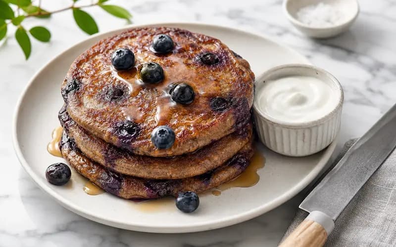 Pancakes sarrasin vegan dorés garnis de myrtilles fraîches et d'un filet de sirop d'érable sur assiette blanche