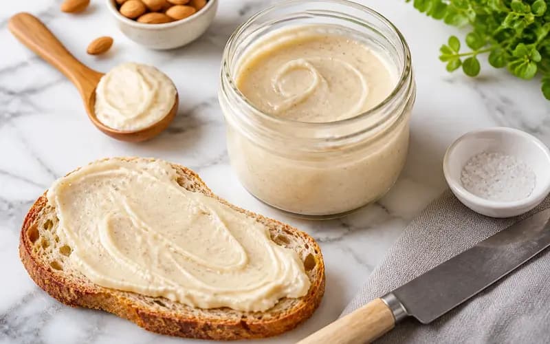 Pâte à tartiner amande-vanille protéinée ivoire mouchetée de vanille dans un pot en verre avec une cuillère