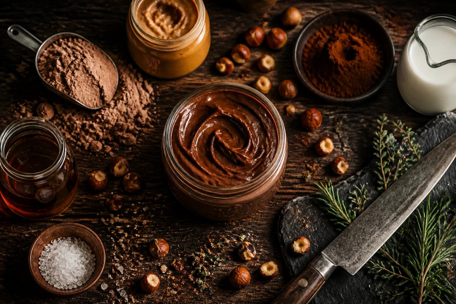 Pot de pâte à tartiner protéinée chocolat noisette maison avec une tartine sur fond bois, vue dessus