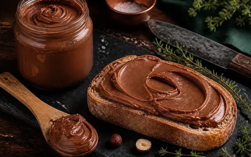 Pâte à tartiner protéinée choco-noisette épaisse et crémeuse dans un pot en verre avec une cuillère en bois