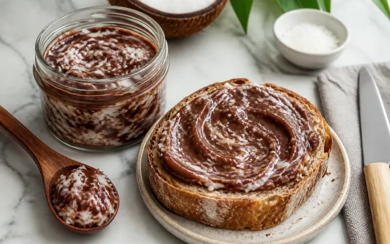 Pâte à tartiner coco-chocolat façon Bounty marbrée de blanc et de chocolat dans un bocal en verre